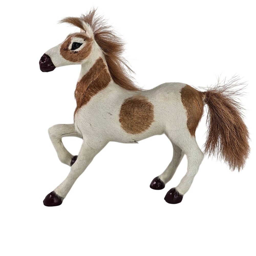 Real Fur Horse Figurine Brown & White Pinto Standing Pose Collectible